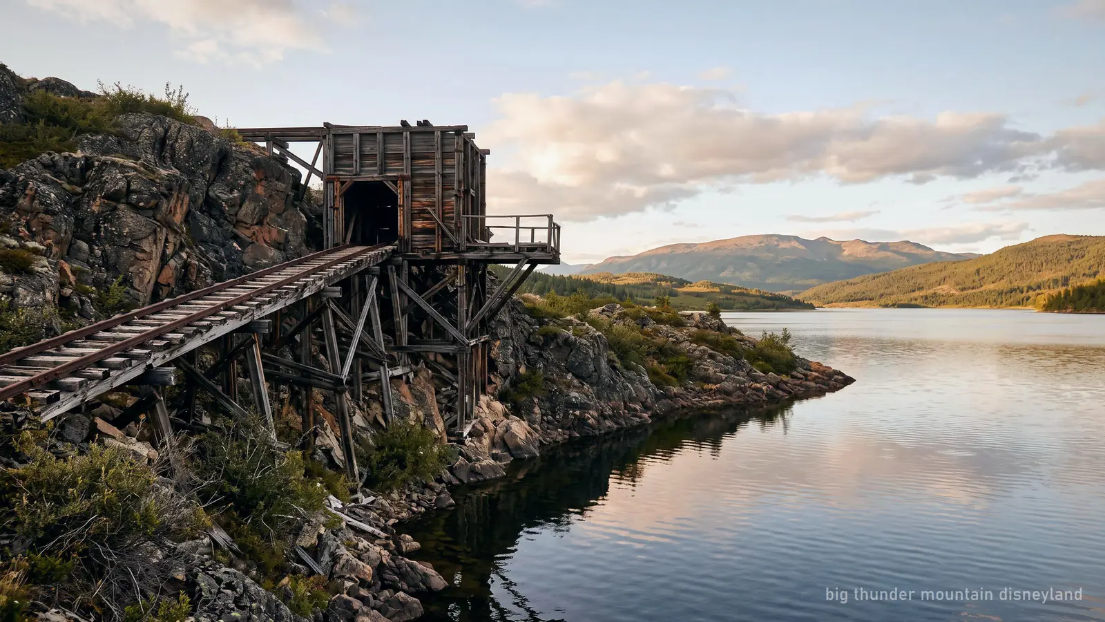 A weathered wooden mine railway structure on a rocky outcrop beside still water