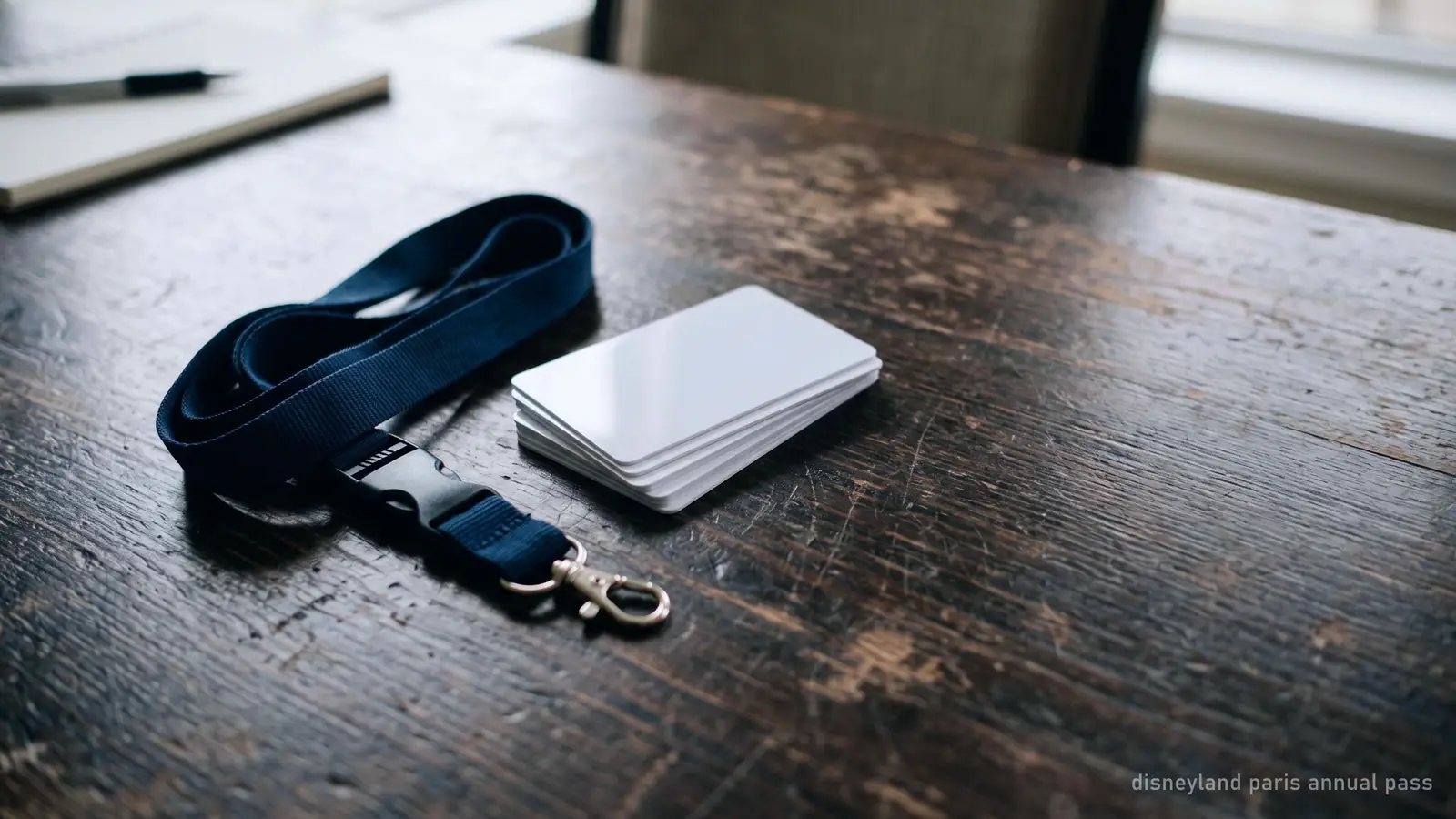 A small stack of blank plastic cards and a lanyard on a dark desk, seen from above