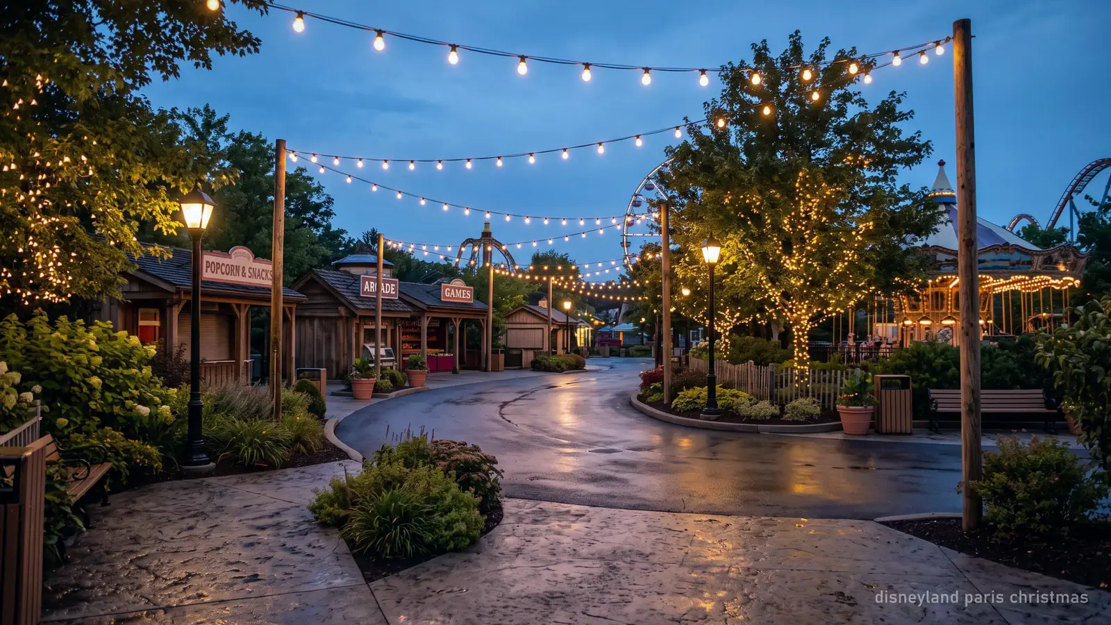 A park walkway strung with plain festive lights at blue hour, nobody in frame