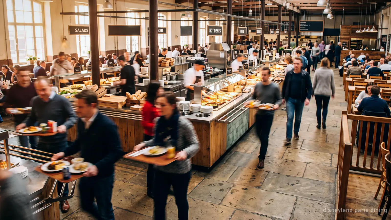 A busy casual food hall with trays and counters, people blurred by motion
