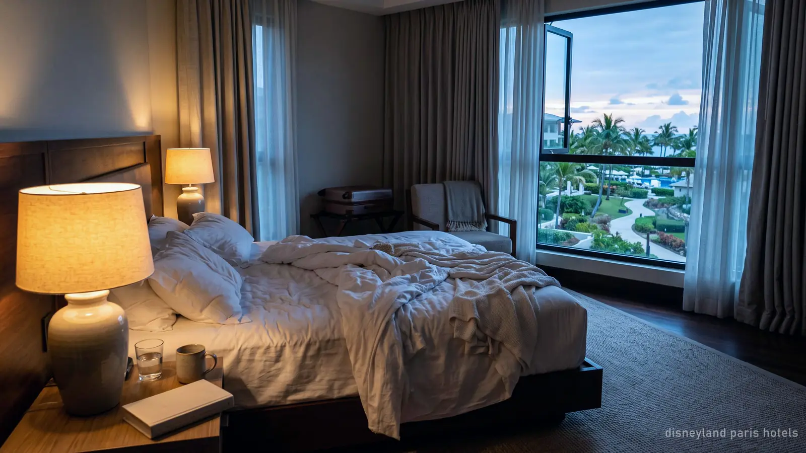 A quiet hotel room at dawn with curtains half open onto a landscaped resort view