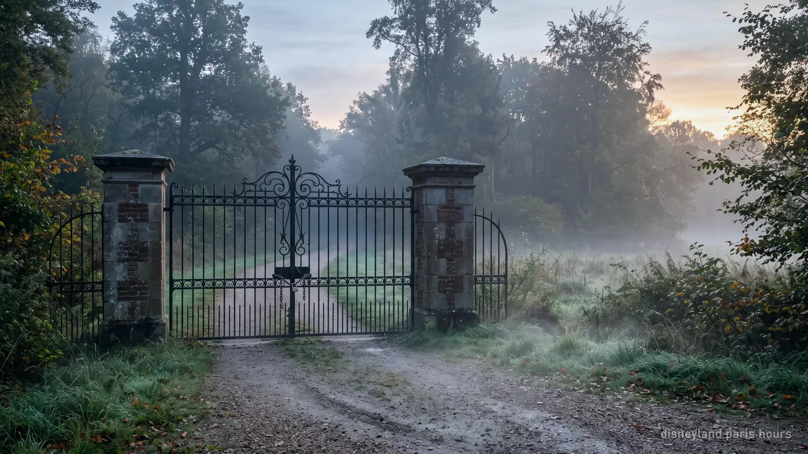 Closed park gates at dawn with mist on the ground and nobody present
