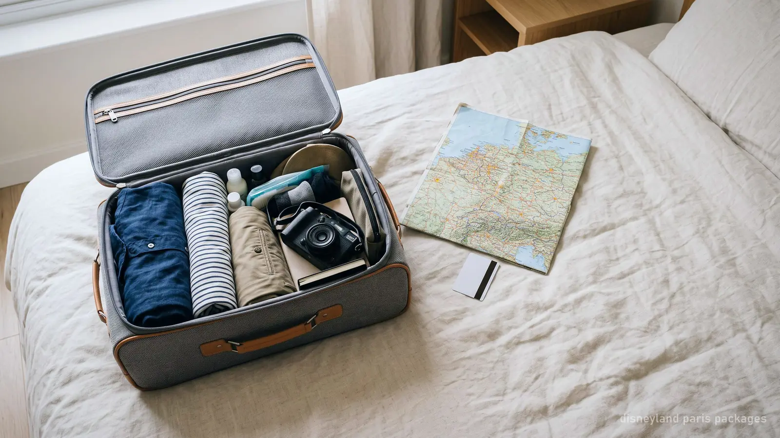 A packed open suitcase on a bed beside a folded map and a hotel key card, seen from above