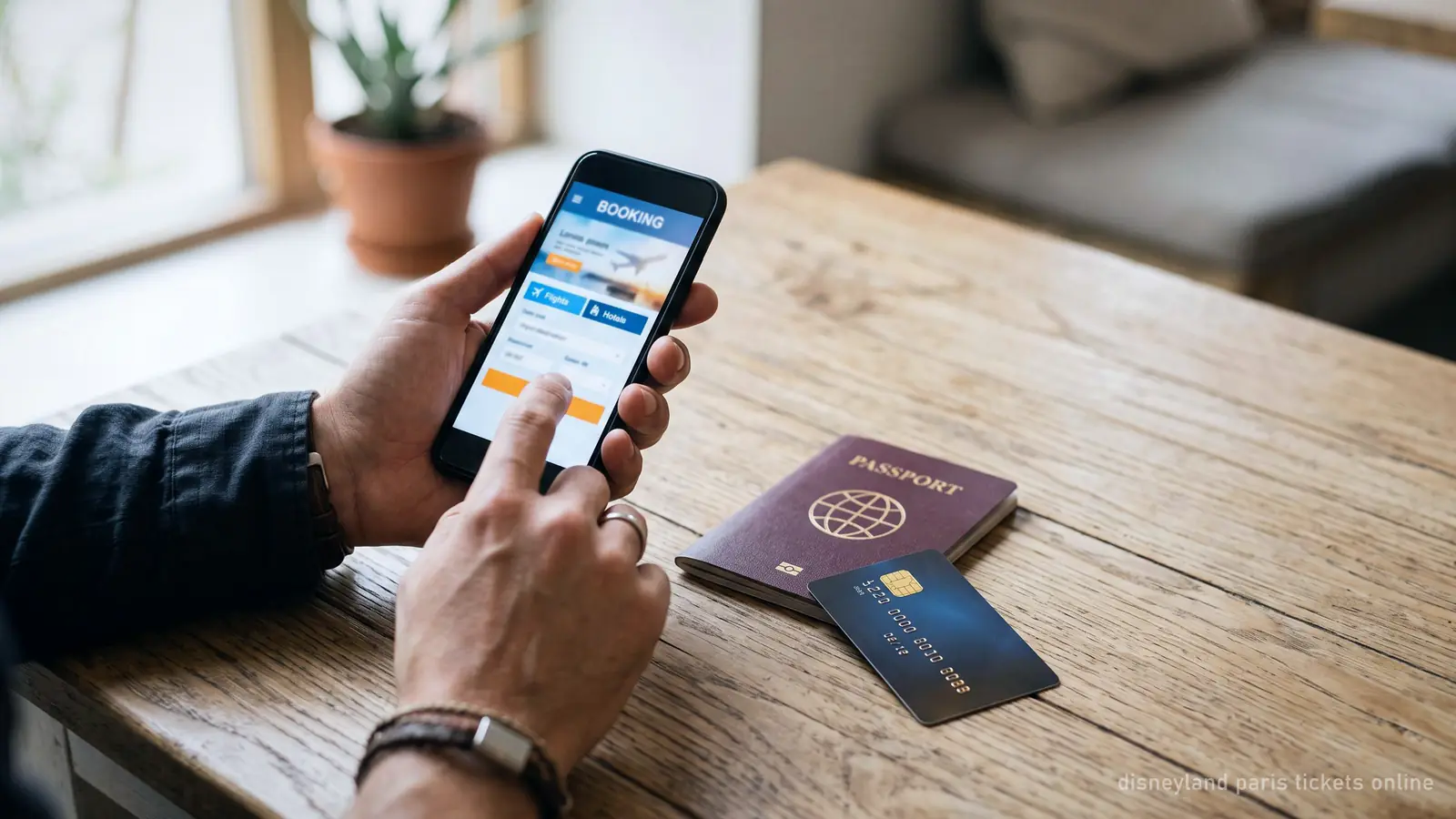 A phone showing an indistinct booking screen, beside a bank card and a passport on a table