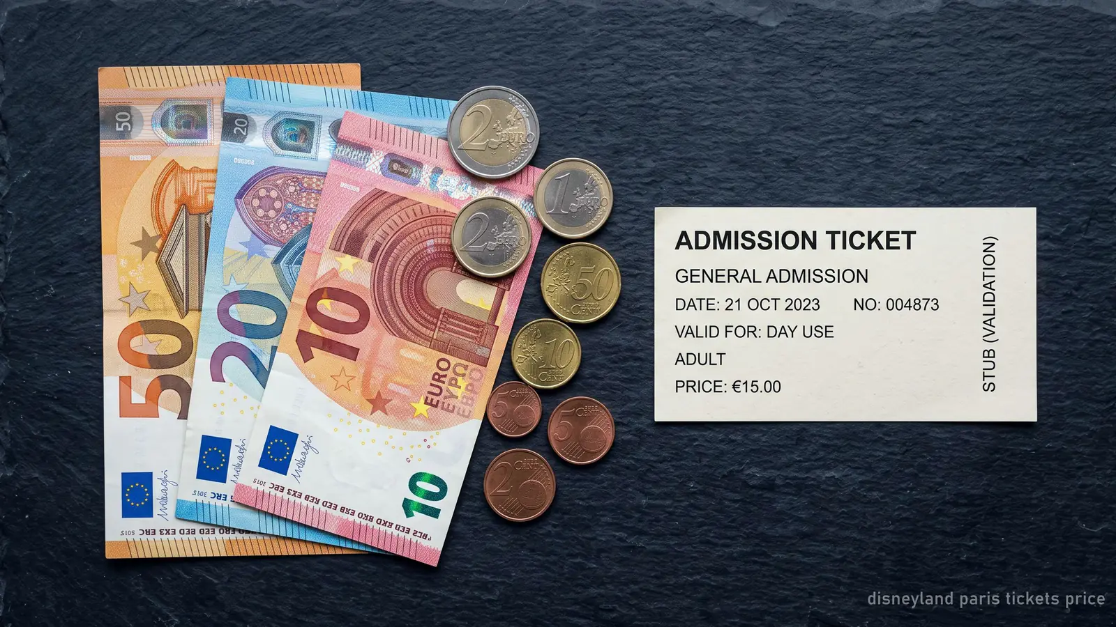 Euro notes and coins beside a plain unbranded paper admission ticket, seen from above