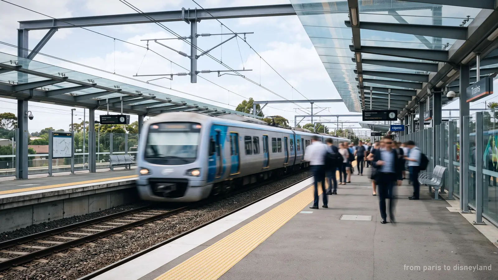 A suburban railway platform with a commuter train arriving under a glass canopy