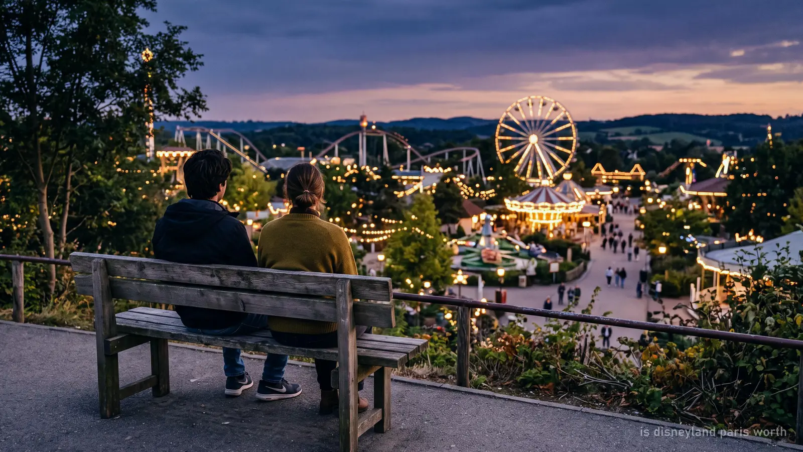 Two people on a bench seen from behind, looking out over an amusement park at dusk