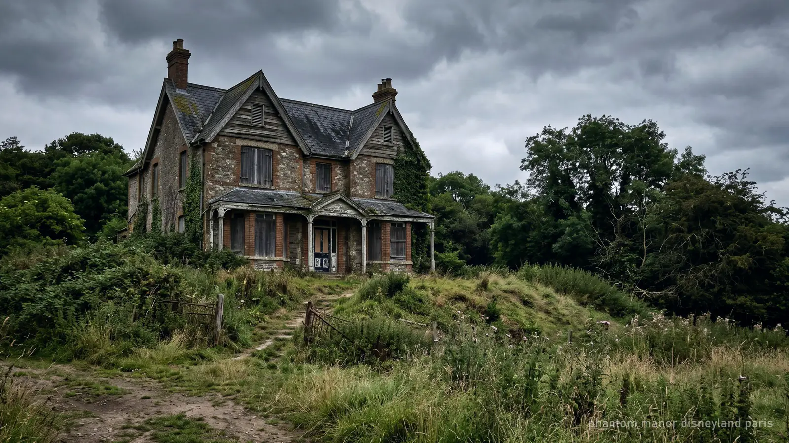 A derelict Victorian house on a rise with shuttered windows and overgrown grounds, under heavy cloud