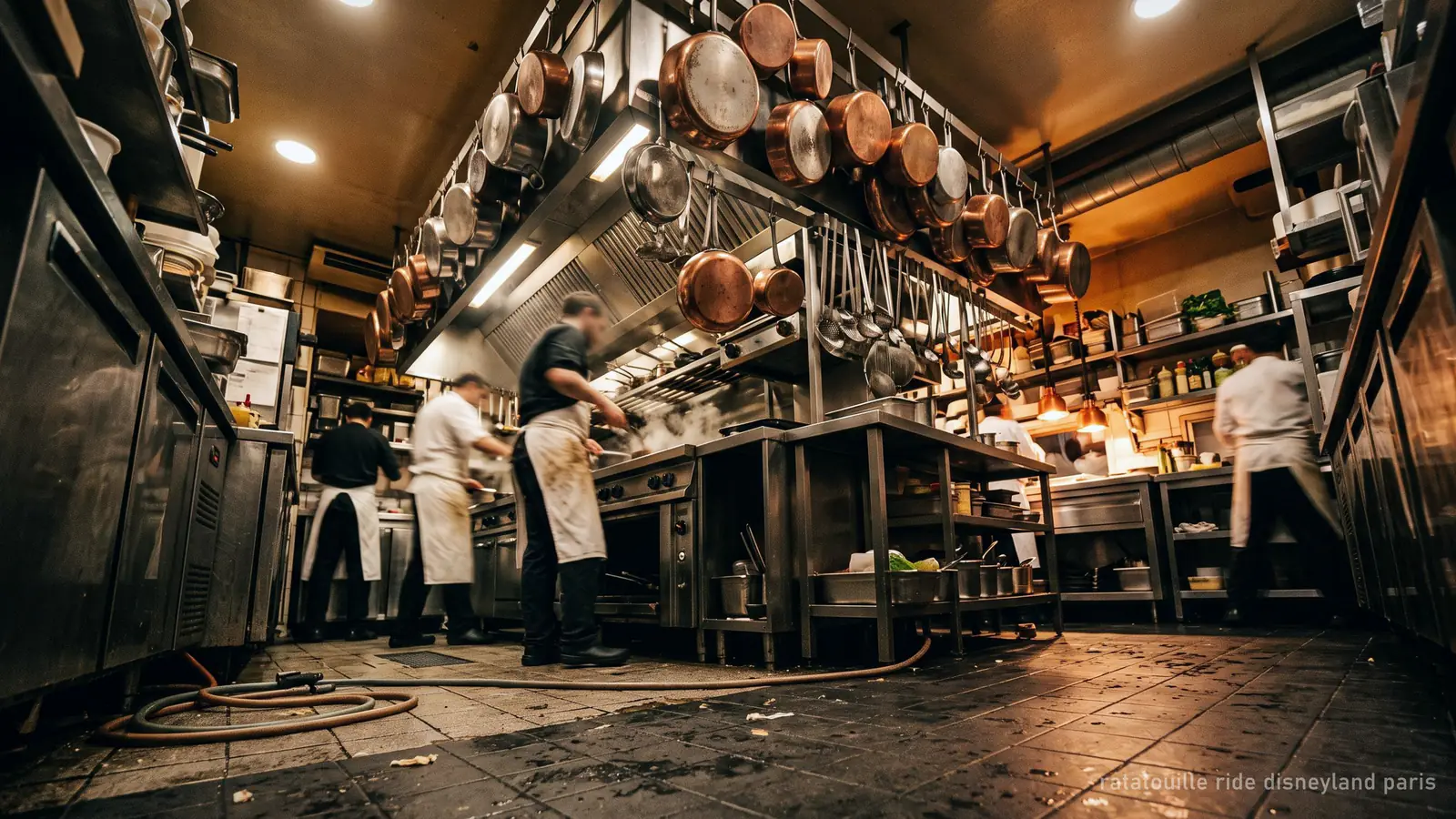 A restaurant kitchen seen from floor height, copper pans and steel surfaces looming overhead