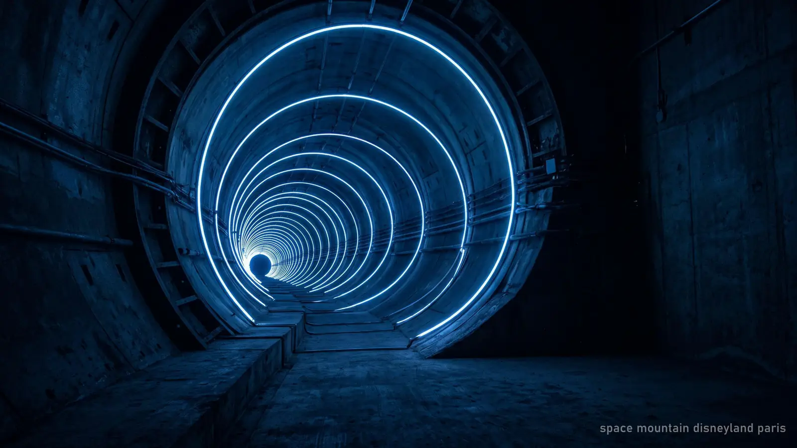 A dark tunnel of receding blue light rings, abstract and geometric