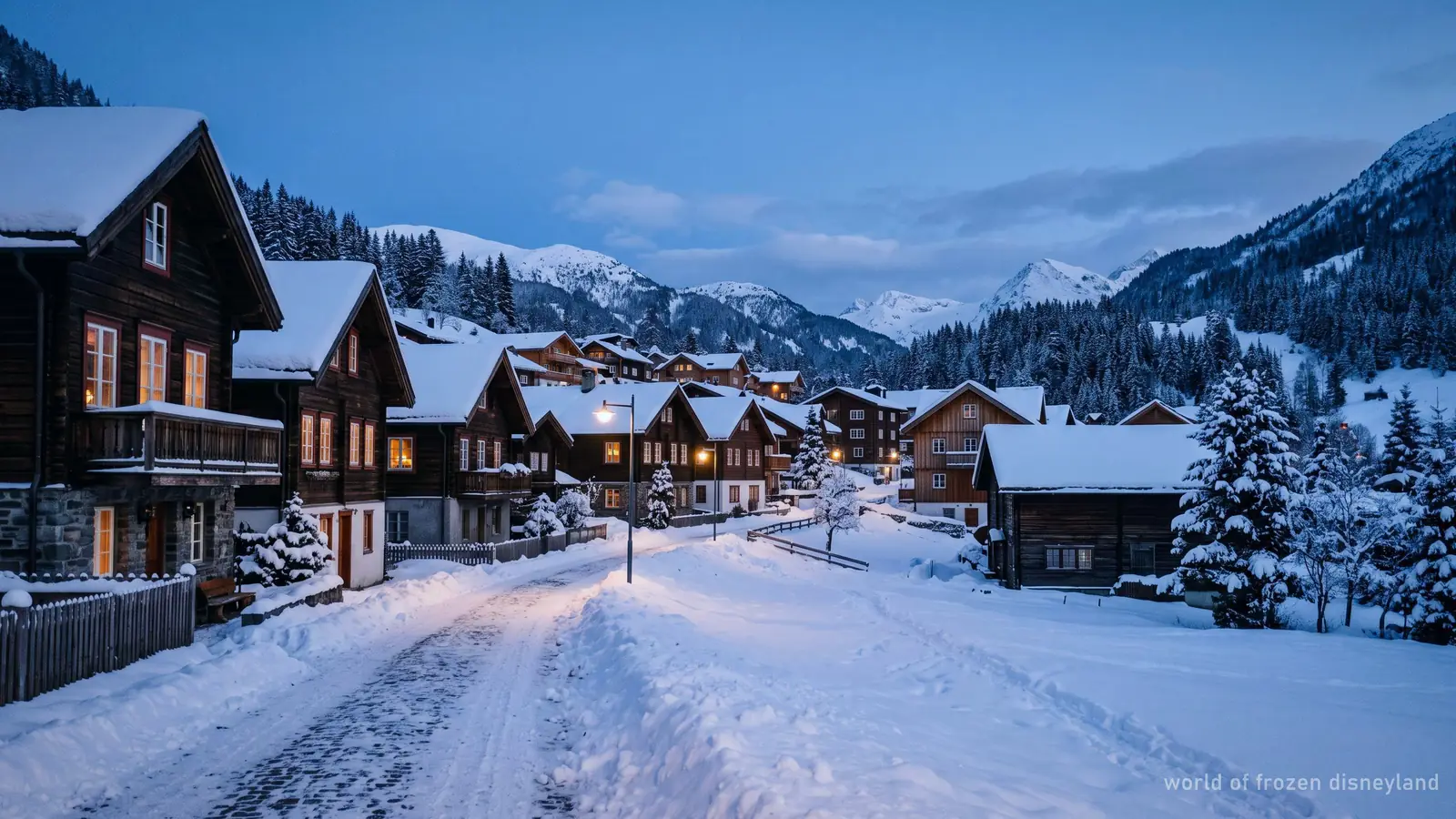 A snow-covered alpine village street at blue hour with warm lit windows
